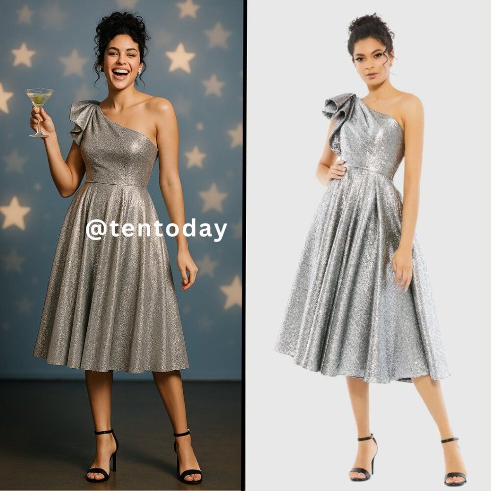 Mac Duggal Size 8 Metallic Silver Brocade One Shoulder Ruffle Midi Gown Dress